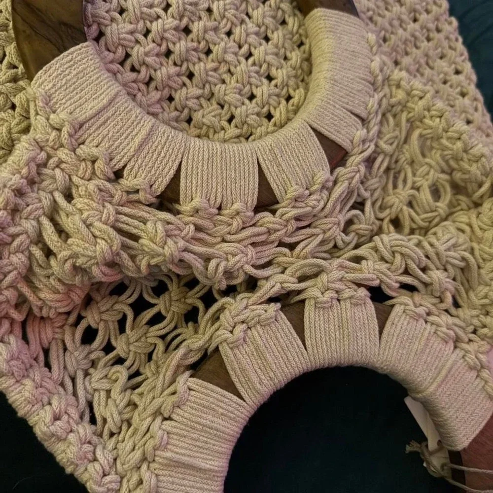A New Day Macrame Purse Cream-colored‎ with wooden handles